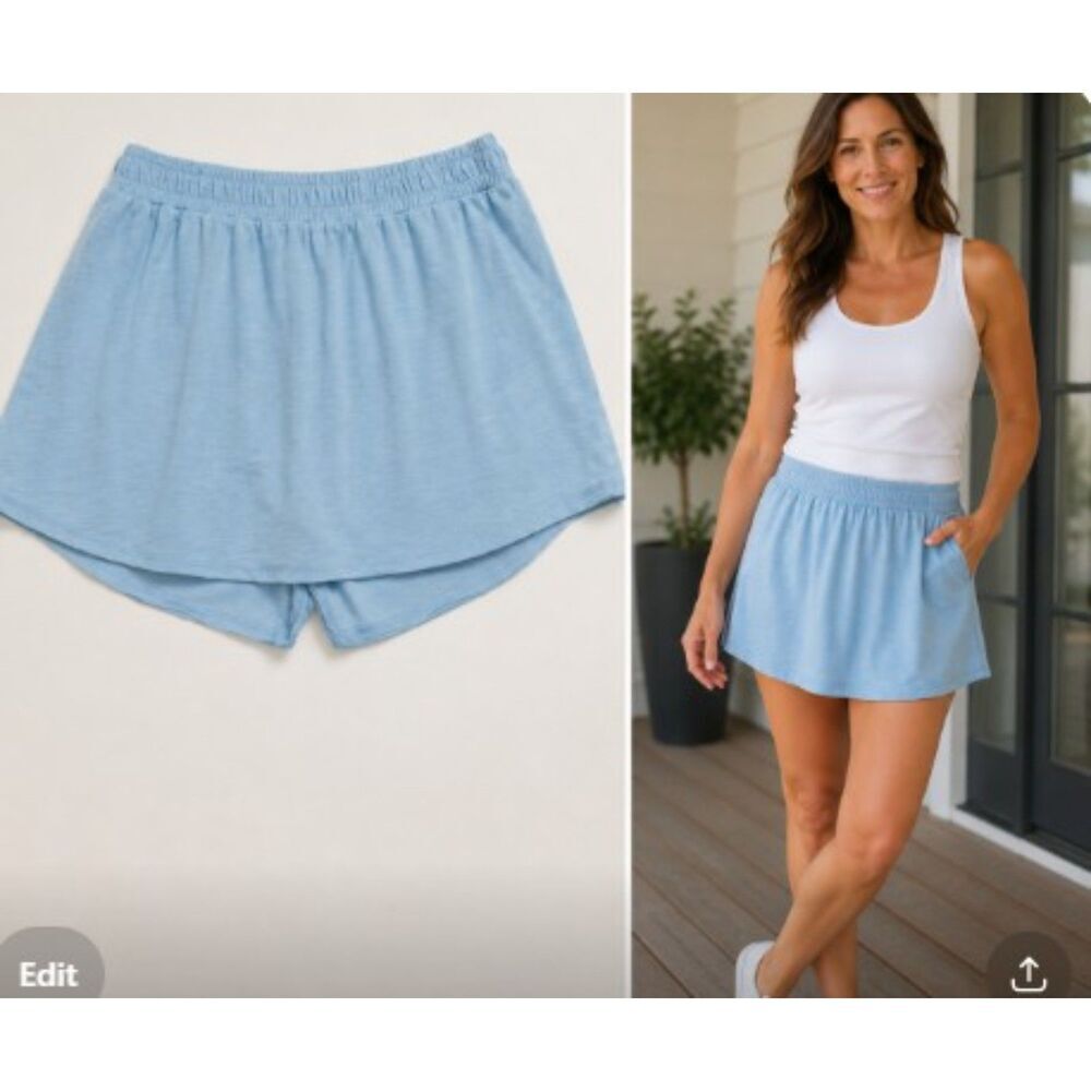 NEW Peach Love  California Chambray Blue Skort Size Large 100% Cotton Raw Edges